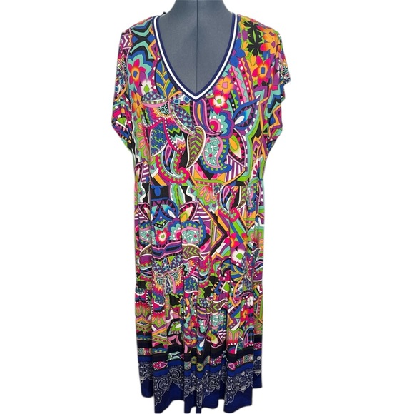 Johnny Was Janie Favorite Tiered Tea Length Dress Colorful V-Neck Dress - Picture 9 of 9